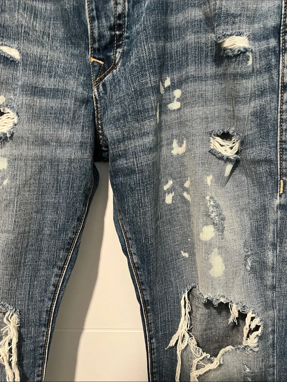 True Religion Rocco No Flap Factory Distressed Holes Bleach Splatter Rip Jeans